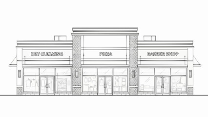 Commercial Building Facade with Retail Spaces and Architectural Details.