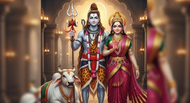 Shiva Parvati with Nandi Divine Family Devotional 3D Illustration