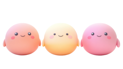 Three Japanese Cute Cartoon Mascots with Pastel Colors and Rounded Shapes on transparent background
