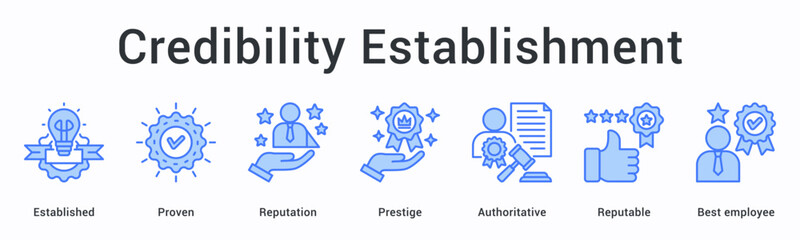 Obraz premium Credibility establishment banner web icon showcases proven reputation with prestige through authoritative excellence standards.