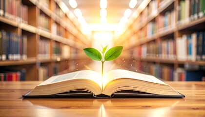 Fototapeta premium 図書館の書棚の前で開かれた本から芽吹く植物が象徴的に描かれる知識の風景