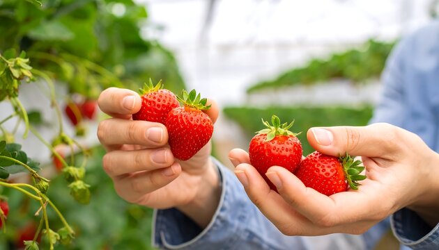 青空の下で収穫された苺を手に持ち自然の恵みを感じる瞬間