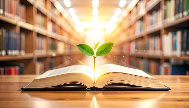 図書館の書棚の前で開かれた本から芽吹く植物が象徴的に描かれる知識の風景
