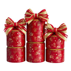 Stacked Red Gift Boxes with Gold Floral Pattern and Bows isolated on a transparent background