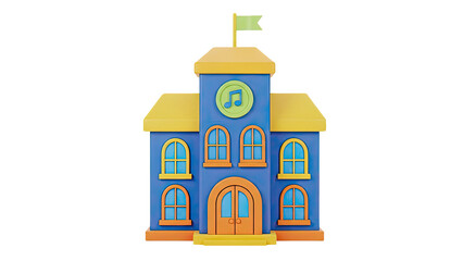 3D Children's cartoon school building with music symbol and flag on transparent background