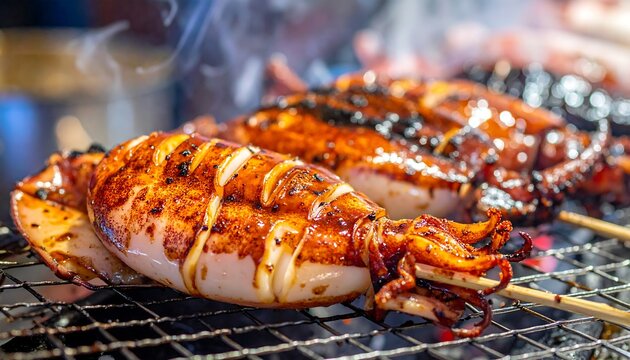 網焼きで香ばしく焼かれるイカが食欲をそそる屋台風の調理風景