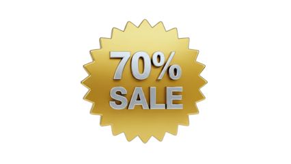 3D 70 Percent Sale Badge Icon Gold Starburst on transparent background