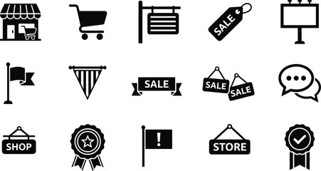 Black solid icon set for retail marketing and storefront promotion featuring shopping carts sale tags store signs billboards and quality award badges for business