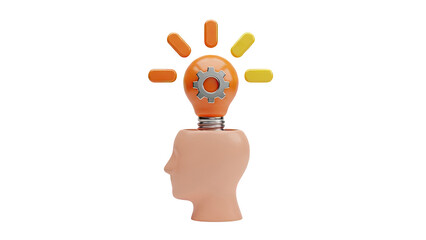 3D Creative Idea Concept: Lightbulb with Gear Inside Head Profile on transparent background
