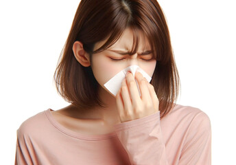 花粉症が辛くてティッシュで鼻を噛む若い女性