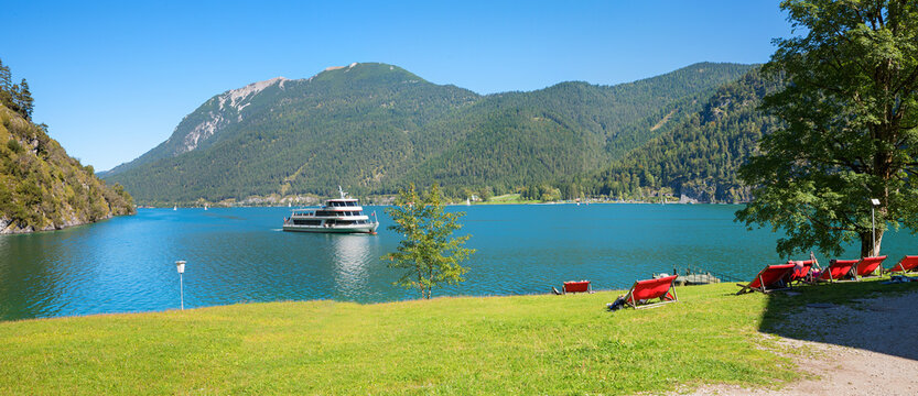 passenger liner on the way to landing stage Gaisalm, lake Achensee, austria tyrol