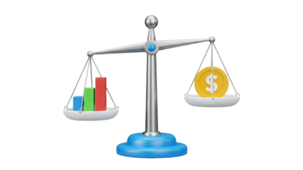 3D Balance scale comparing bar graph and dollar coin on transparent background