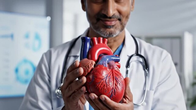 A dedicated healthcare professional, wearing a crisp white lab coat and a stethoscope, carefully presents a detailed anatomical model of the human heart. The lifelike replica showcases the complex int