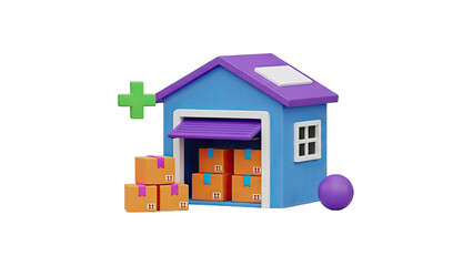 3D Cute cartoon warehouse with boxes and a plus sign on transparent background