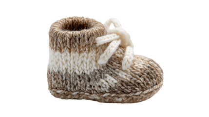 Obraz premium Little brown and white knitted wool baby bootee, handmade footwear for newborn children, transparent background