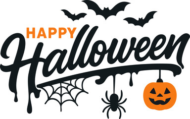 Obraz premium Happy Halloween lettering text with dripping effect, pumpkin, spider web and bats vector illustration for banner or greeting card