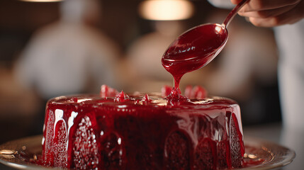 Close-up Macro Shot of Luxury Mousse Cake Being Glazed with Glossy Ruby Red Mirror Glaze, Professional Dessert Making Concept