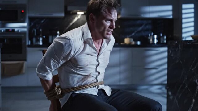 A distressed adult man is bound tightly with thick rope to a wooden chair in a dimly lit, modern interior. His white shirt is disheveled and slightly soiled, with sweat glistening on his forehead and 