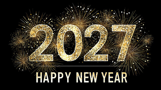 2027 Happy New Year celebration with golden numbers and decorated Christmas tree on festive background, modern holiday greeting card design for winter season celebrations and new year party decoration