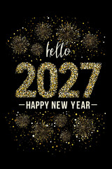 2027 Happy New Year celebration with golden numbers and decorated Christmas tree on festive background, modern holiday greeting card design for winter season celebrations and new year party decoration