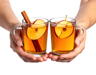 Hands holding two mugs with apple slices and cinnamon sticks