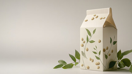 An elegant minimalist soy milk packaging with natural organic pattern. Leaves and a few soy beans design the box AI Generative