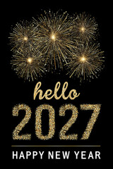 2027 Happy New Year celebration with golden numbers and decorated Christmas tree on festive background, modern holiday greeting card design for winter season celebrations and new year party decoration