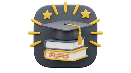 3D Graduation Cap and Books 3D Icon on transparent background