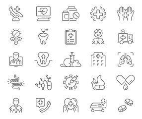 Naklejka premium Medicine icons set. editable line icons, healthcare, medical equipment, outline style