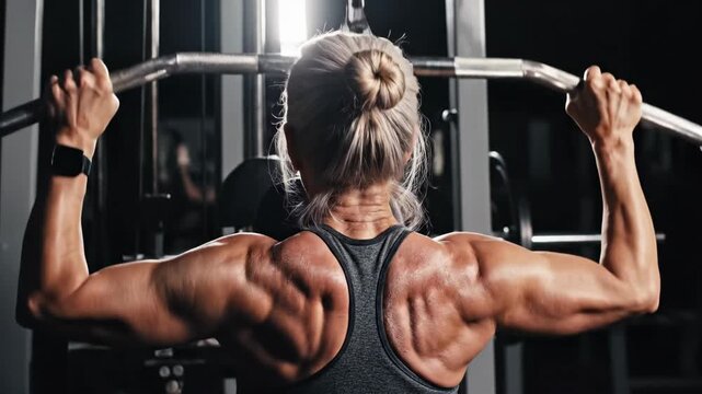 Female Bodybuilder Performing Lat Pulldown Exercise for Back Muscles in Gym.
