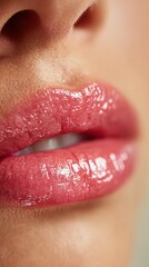 Naklejka premium Extreme close-up portrait of natural lips with hydrated gloss finish, realistic skin texture and soft lighting, photorealistic beauty photography