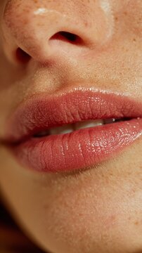 Extreme close-up portrait of natural lips with hydrated gloss finish, realistic skin texture and soft lighting, photorealistic beauty photography
