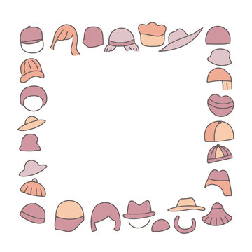Decorative frame composed of various pastel-colored hats and hairstyles illustrations.