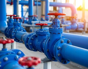 Close-up of large blue pipes with red valves in industrial setting