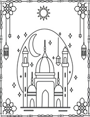 Elegant Islamic Mosque Illustration with Crescent Moon and Lanterns. Mosque Coloring Page For Kids And Adults.