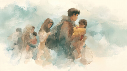 Watercolor illustration of a refugee family