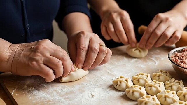 Artisan Dumpling Creation: Hands meticulously craft savory dumplings, showcasing a time-honored culinary tradition. The scene captures the artistry and patience.