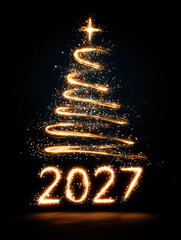 2027 Happy New Year celebration with golden numbers and decorated Christmas tree on festive background, modern holiday greeting card design for winter season celebrations and new year party decoration