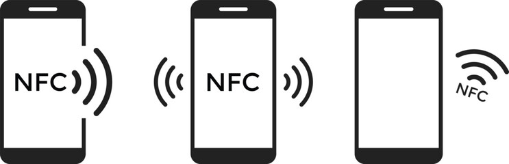 NFC Mobile Icon Set. Contactless Payment and Smartphone Symbols. Tap to Pay Interface and Digital Wallet Mobile sign. Smartphone Proximity Scanning and Smart Tag Connectivity icons