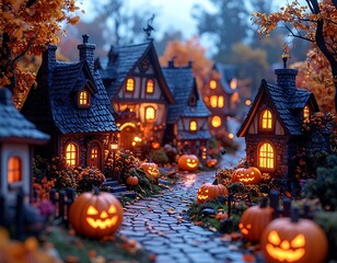 Whimsical Halloween village street, lined with glowing pumpkins and charming cottages in an autumnal, twilight scene