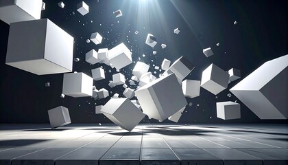 White cubes levitate in a spotlight against a dark background above a tiled floor