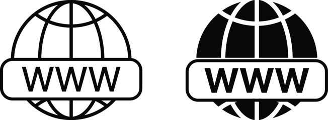 Globe with WWW Icon Set. Website Presence and World Wide Web Symbols. Web Browser, URL Domain, and Online Connectivity sign. SEO Services, Hyperlink, and Domain Name Registration Symbol Collection