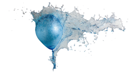 Blue water balloon bursting in high-speed splash, water flying and liquid drops, transparent background