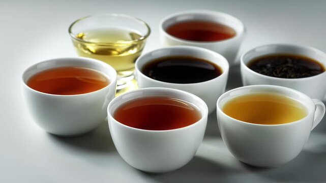 Various Tea Types in White Ceramic Cups on Clean White Background