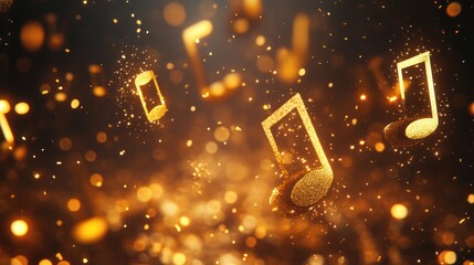 Golden Music Notes Floating in Dark Space.