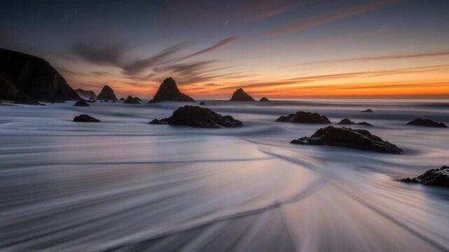 Seashore Sunrise: Witness the captivating dance of light and water as the sun's first rays paint the sky above a rugged seashore. This breathtaking moment invites contemplation.