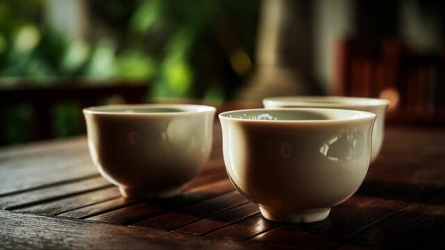 White Tea Cups on Table With Soft Background Blur