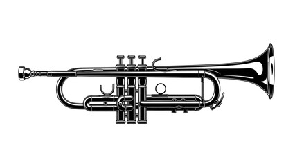 Obraz premium Detailed Black and White Trumpet Musical Instrument, Classic Brass Band Equipment on Isolated White Background