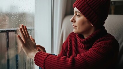 Rainy Day Contemplation: A woman, head adorned in a red cap, gazes thoughtfully at the rain-streaked window, her hand gently touching the cool glass. She is surrounded by a peaceful.