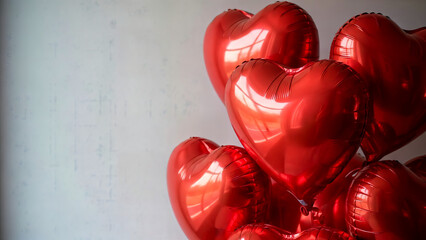 Close-up of a large bunch of glossy red heart-shaped foil balloons grouped together against a neutral grey wall, festive party decoration.